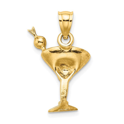 14K Gelbgold 2-D Martini-Glas Charm mit grüner Emaillierung und Kirsche