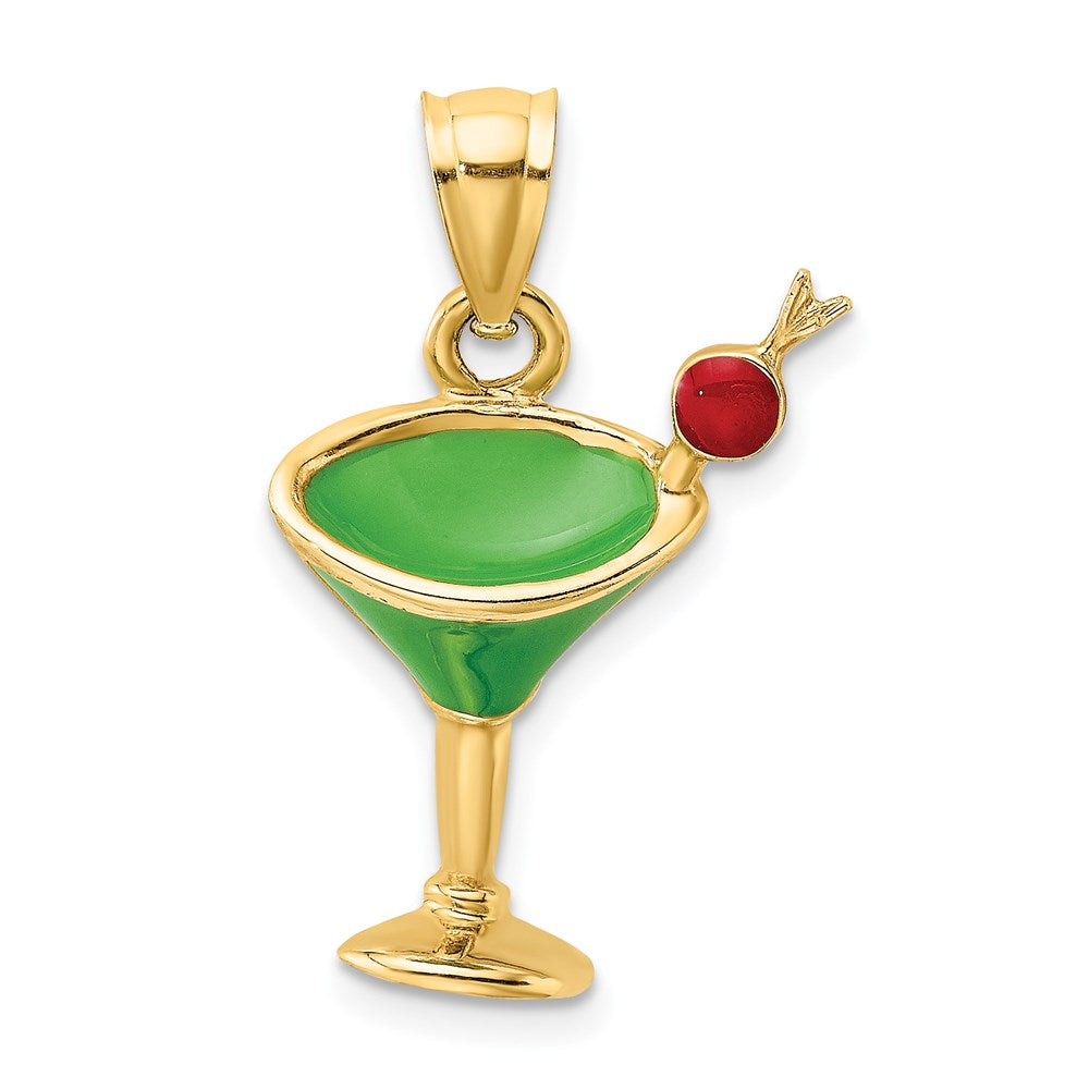 14K Gelbgold 2-D Martini-Glas Charm mit grüner Emaillierung und Kirsche