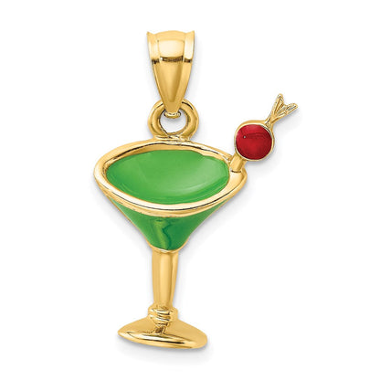14K Gelbgold 2-D Martini-Glas Charm mit grüner Emaillierung und Kirsche