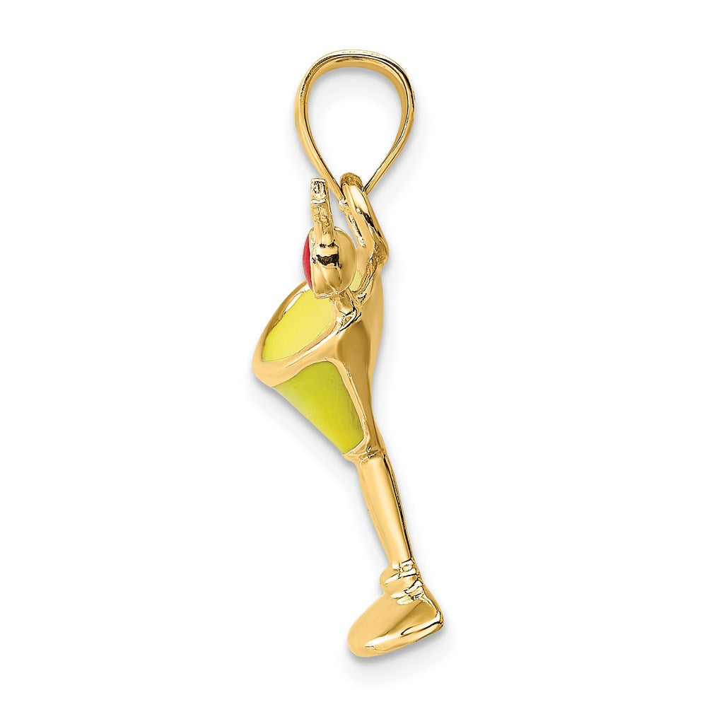 14K Gelbgold 2-D gelb emaillierter Martini-Cocktail-Charm mit Kirsche