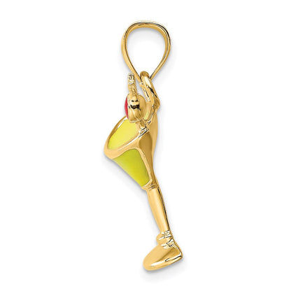 14K Gelbgold 2-D gelb emaillierter Martini-Cocktail-Charm mit Kirsche