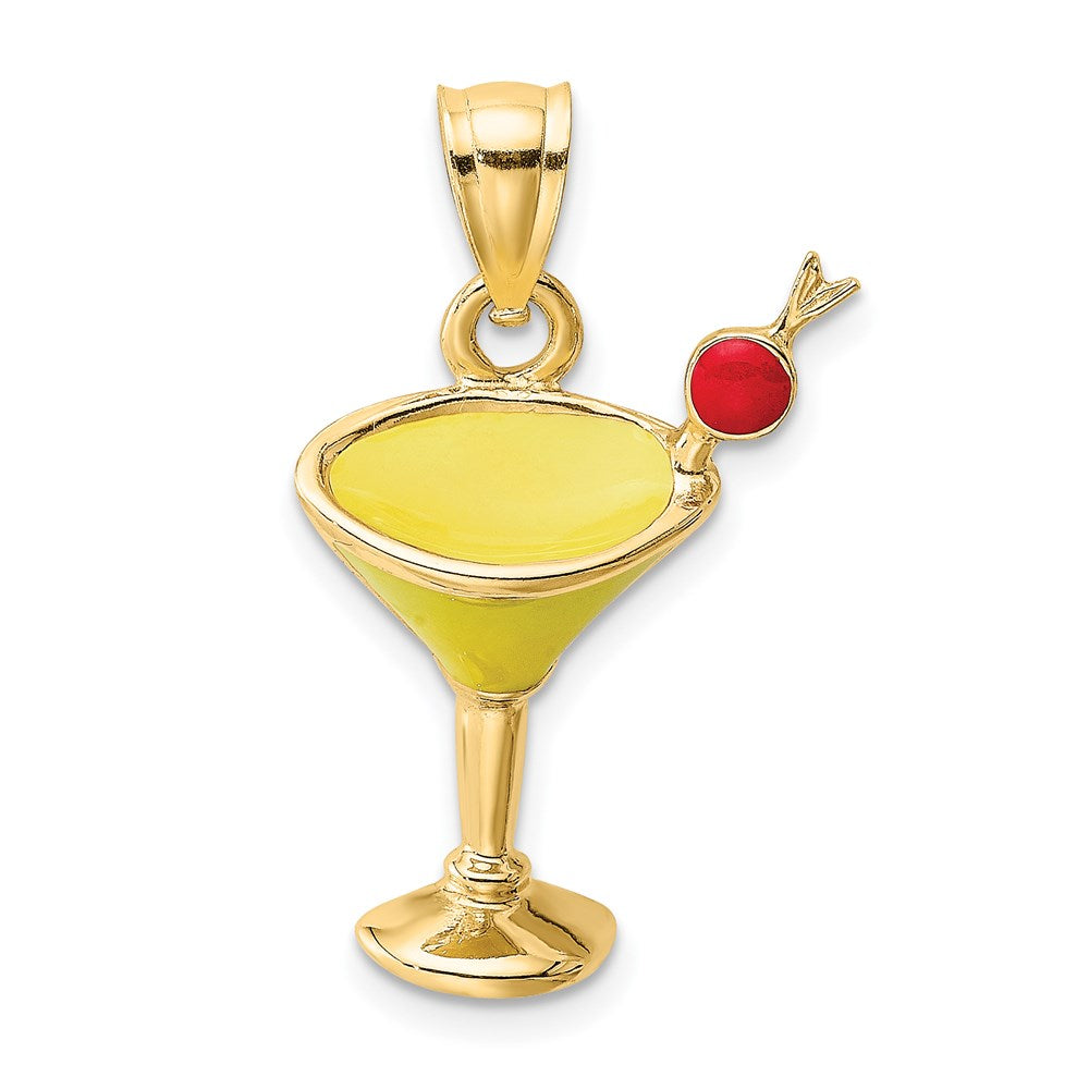 14K Gelbgold 2-D gelb emaillierter Martini-Cocktail-Charm mit Kirsche