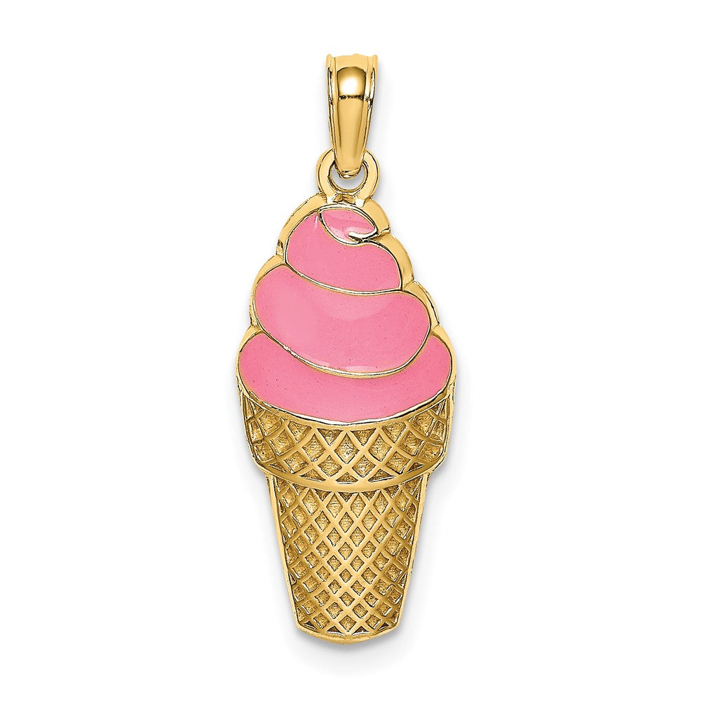 14K Gelbgold Erdbeer-Eistüten-Charm mit rosa Emaille
