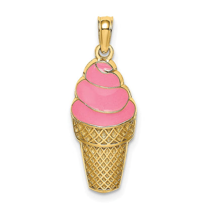 14K Gelbgold Erdbeer-Eistüten-Charm mit rosa Emaille