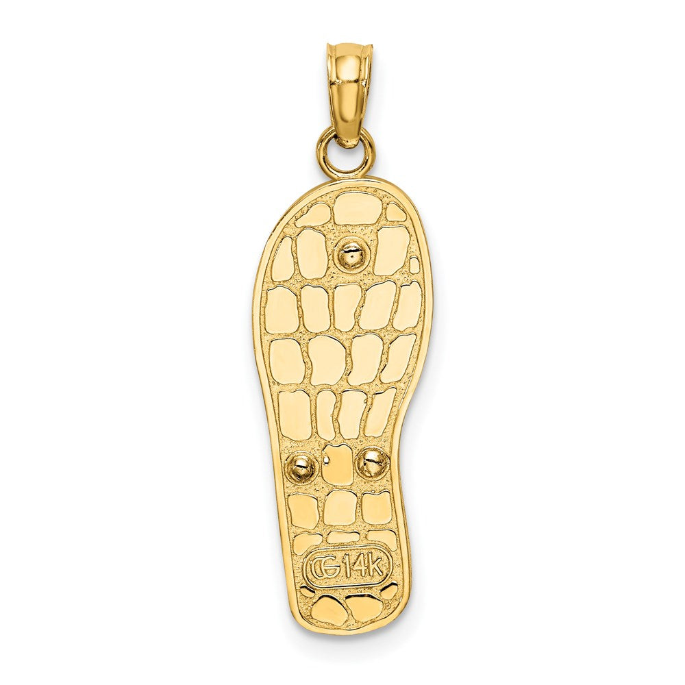14 Karat Gelbgold und Rhodium mit Rhodiumbeschichtung, 3D-Emaille, rosa Blumen auf blauen Streifen, Flip-Flop-Charm
