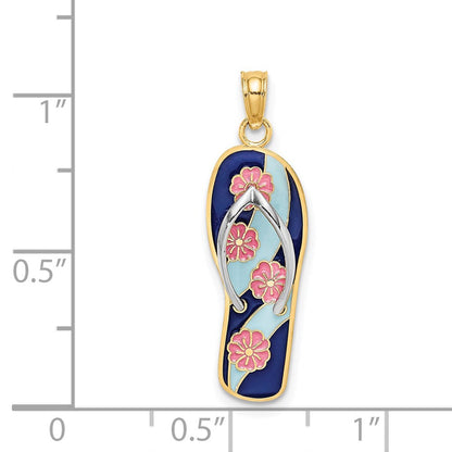 14 Karat Gelbgold und Rhodium mit Rhodiumbeschichtung, 3D-Emaille, rosa Blumen auf blauen Streifen, Flip-Flop-Charm