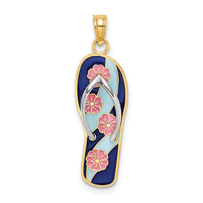 14 Karat Gelbgold und Rhodium mit Rhodiumbeschichtung, 3D-Emaille, rosa Blumen auf blauen Streifen, Flip-Flop-Charm