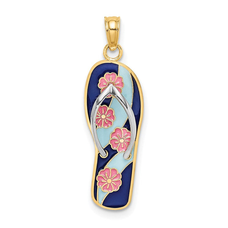 14 Karat Gelbgold und Rhodium mit Rhodiumbeschichtung, 3D-Emaille, rosa Blumen auf blauen Streifen, Flip-Flop-Charm