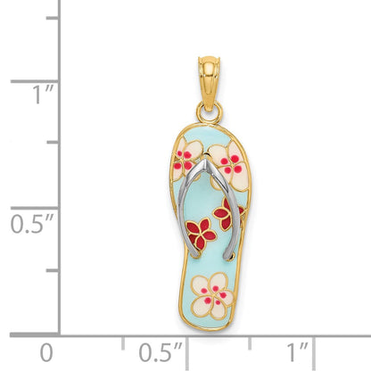 14K Gelb- und Rhodiumgold Flip-Flop-Charm mit Rhodium, 3D-Emaille-Blumen in Fuchsia und Weiß auf Aqua