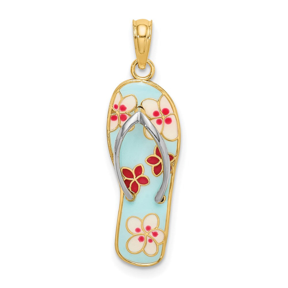 14K Gelb- und Rhodiumgold Flip-Flop-Charm mit Rhodium, 3D-Emaille-Blumen in Fuchsia und Weiß auf Aqua