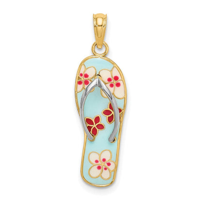 14K Gelb- und Rhodiumgold Flip-Flop-Charm mit Rhodium, 3D-Emaille-Blumen in Fuchsia und Weiß auf Aqua
