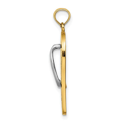 14K Gelb- und Rhodiumgold mit Rhodium-3D-Emaille-Palmen- und Eimer-Flip-Flop-Charm