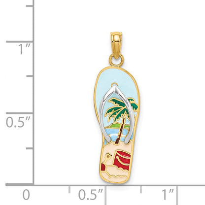 14K Gelb- und Rhodiumgold mit Rhodium-3D-Emaille-Palmen- und Eimer-Flip-Flop-Charm