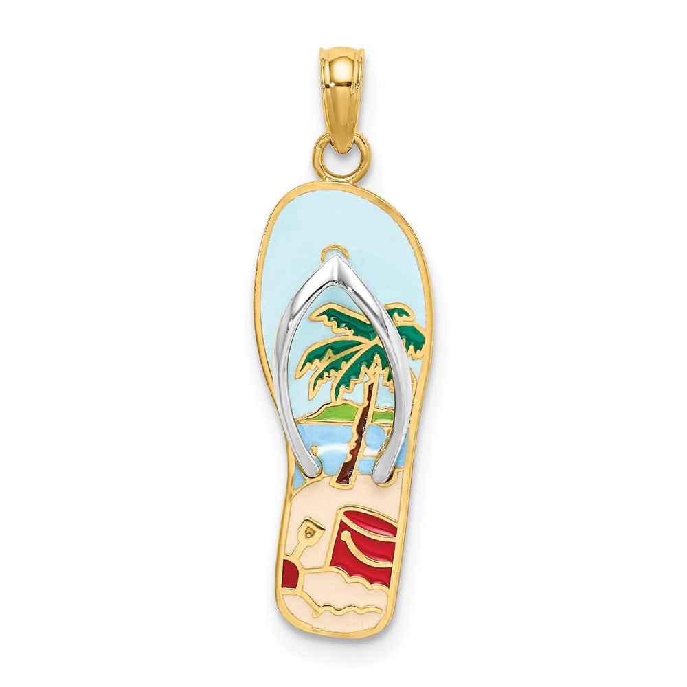 14K Gelb- und Rhodiumgold mit Rhodium-3D-Emaille-Palmen- und Eimer-Flip-Flop-Charm
