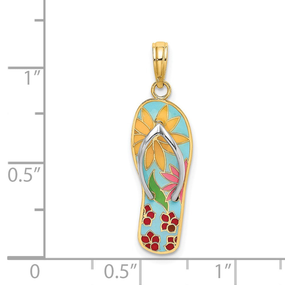 14K Gelb- und Rhodiumgold sowie Rhodium Mehrfarbiger 3D-Emaille-Fuchsienblüten-Charm auf Flip-Flop