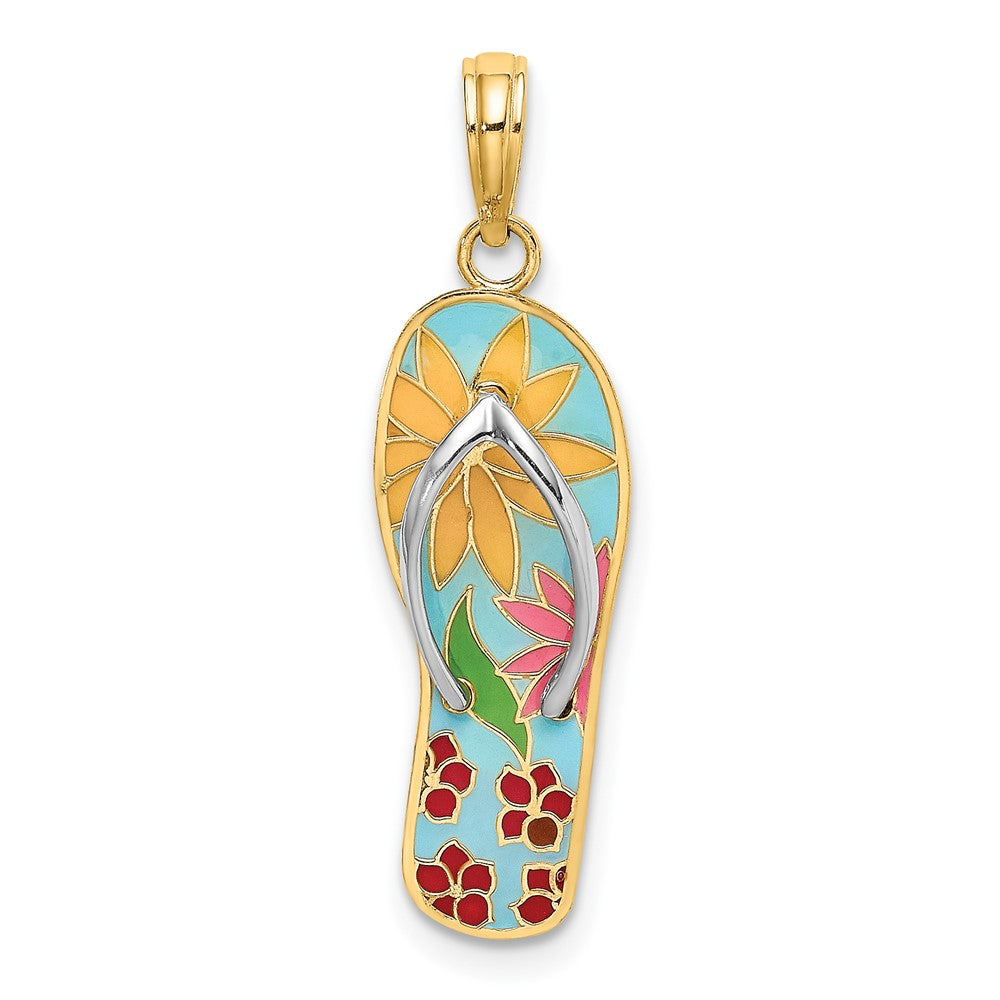 14K Gelb- und Rhodiumgold sowie Rhodium Mehrfarbiger 3D-Emaille-Fuchsienblüten-Charm auf Flip-Flop