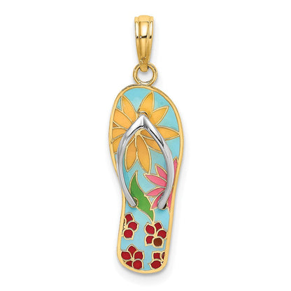 14K Gelb- und Rhodiumgold sowie Rhodium Mehrfarbiger 3D-Emaille-Fuchsienblüten-Charm auf Flip-Flop