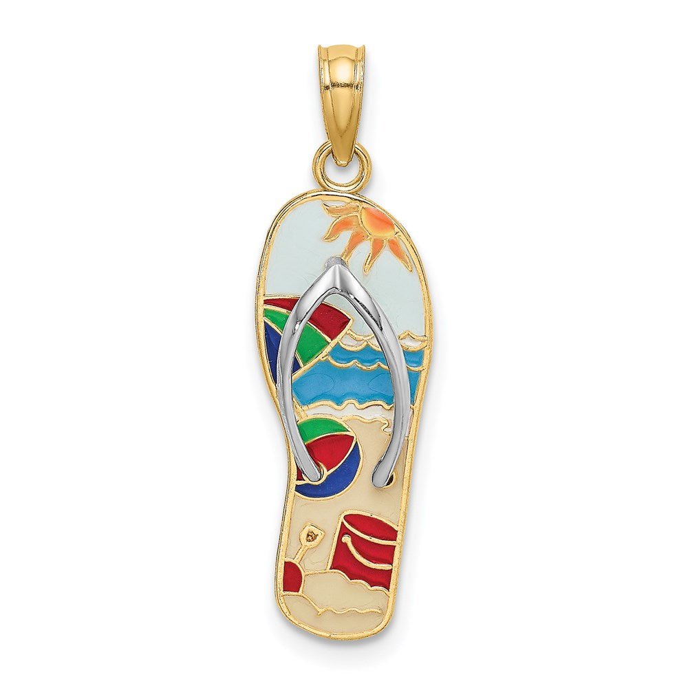 14K Gelb- und Rhodiumgold-Charm mit Rhodium, mehrfarbiger 3D-Emaille-Strandszene auf Flip-Flop