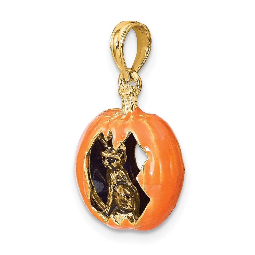 14K Gelbgold 3-D Emaille-Anhänger Kürbis mit schwarzer Katze und Mond