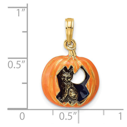 14K Gelbgold 3-D Emaille-Anhänger Kürbis mit schwarzer Katze und Mond