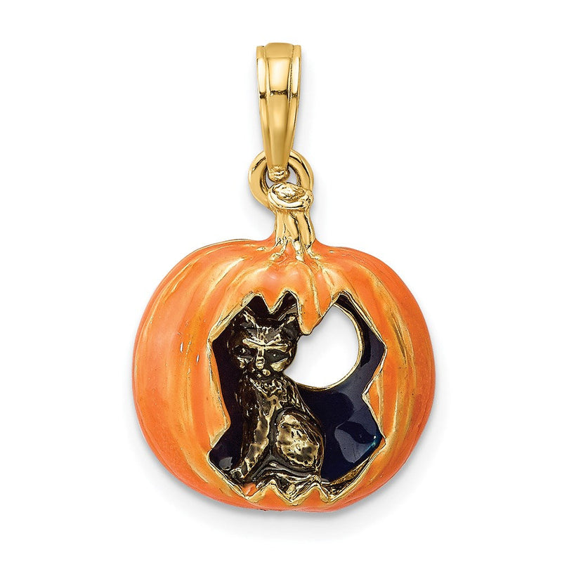 14K Gelbgold 3-D Emaille-Anhänger Kürbis mit schwarzer Katze und Mond