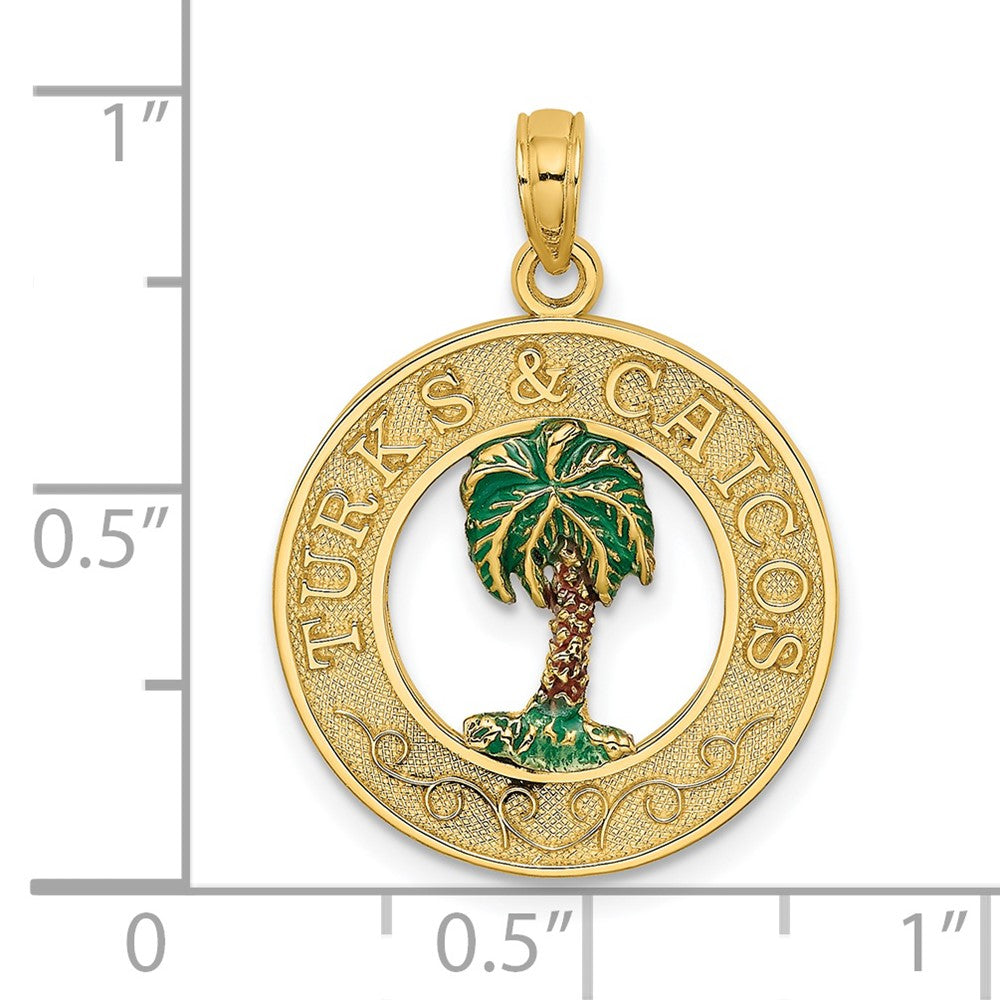 14 Karat Gelbgold emaillierter TURKS AND CAICOS-Charm mit Palme im Kreis