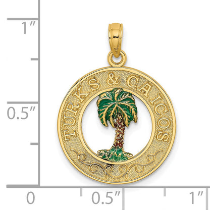 14 Karat Gelbgold emaillierter TURKS AND CAICOS-Charm mit Palme im Kreis