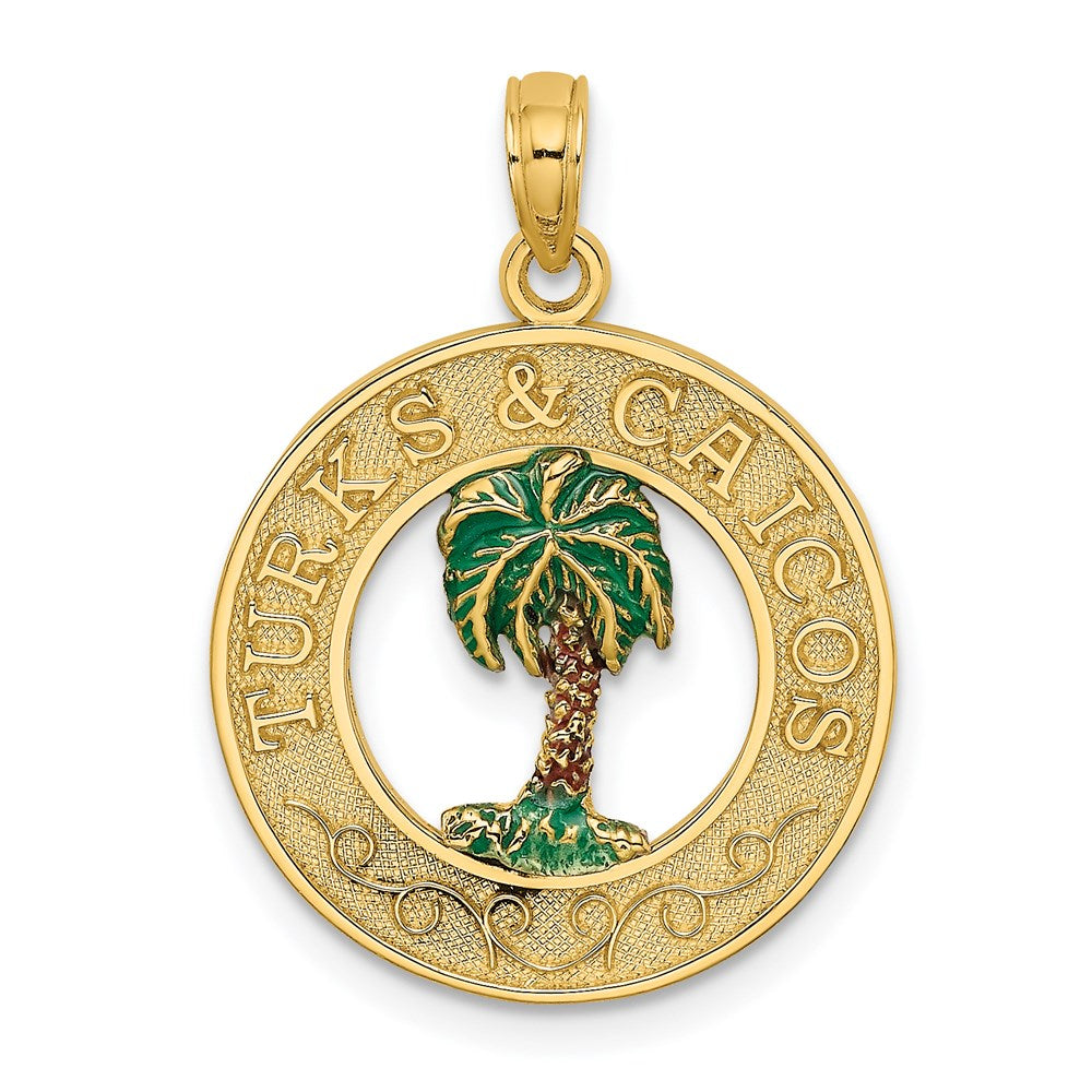 14 Karat Gelbgold emaillierter TURKS AND CAICOS-Charm mit Palme im Kreis