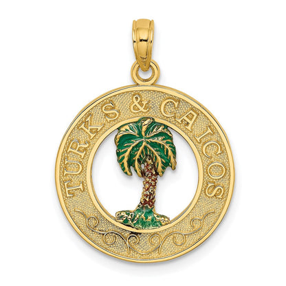 14 Karat Gelbgold emaillierter TURKS AND CAICOS-Charm mit Palme im Kreis
