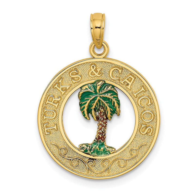 14 Karat Gelbgold emaillierter TURKS AND CAICOS-Charm mit Palme im Kreis