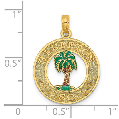 14K Gelbgold Charm "BLUFFTON SC" Kreis mit Palme, emailliert