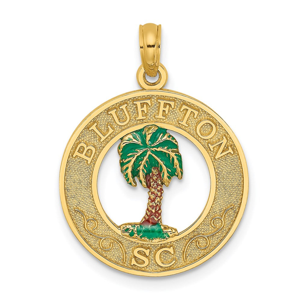 14K Gelbgold Charm "BLUFFTON SC" Kreis mit Palme, emailliert