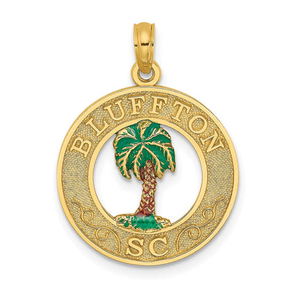 14K Gelbgold Charm "BLUFFTON SC" Kreis mit Palme, emailliert