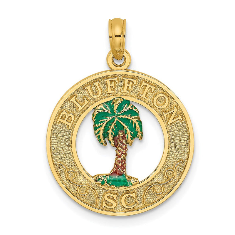 14K Gelbgold Charm "BLUFFTON SC" Kreis mit Palme, emailliert