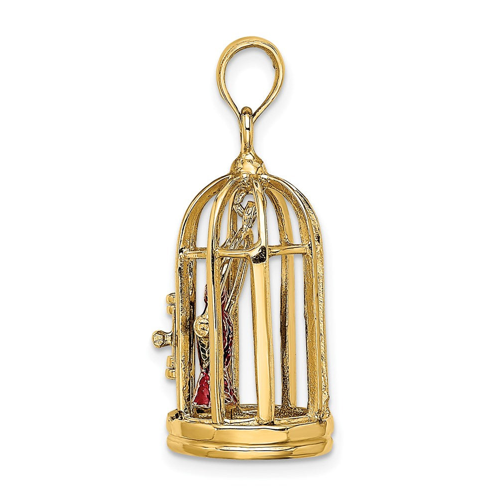 14K Gelbgold-Charm mit Emaille, 3-D-Vogelkäfig mit 2 Vögeln und geöffneten Türen