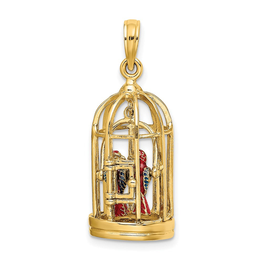 14K Gelbgold-Charm mit Emaille, 3-D-Vogelkäfig mit 2 Vögeln und geöffneten Türen