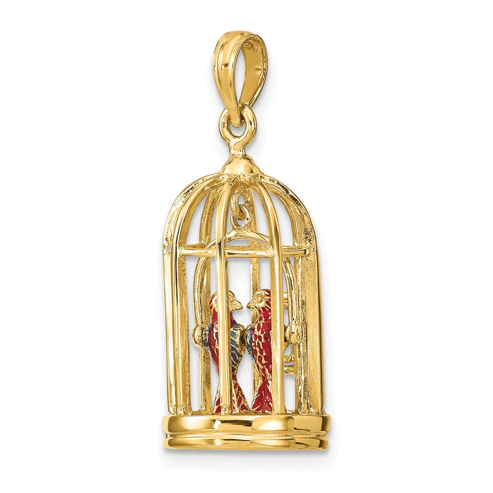 14K Gelbgold-Charm mit Emaille, 3-D-Vogelkäfig mit 2 Vögeln und geöffneten Türen