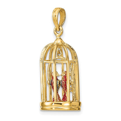 14K Gelbgold-Charm mit Emaille, 3-D-Vogelkäfig mit 2 Vögeln und geöffneten Türen