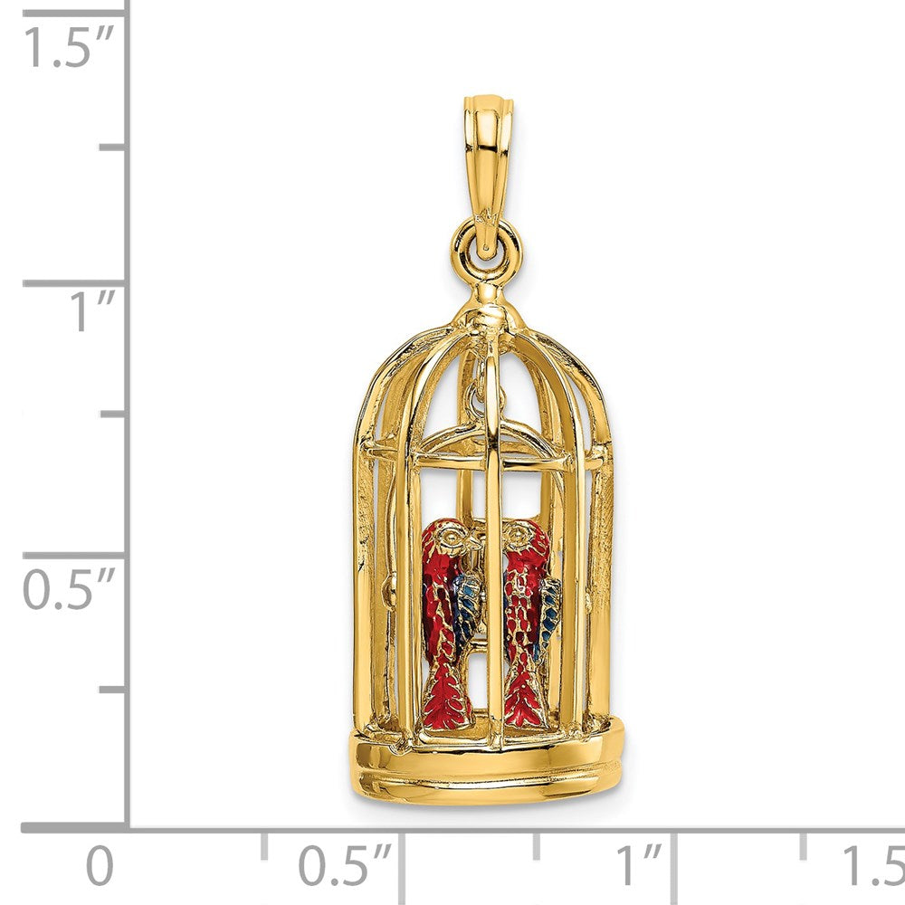 14K Gelbgold-Charm mit Emaille, 3-D-Vogelkäfig mit 2 Vögeln und geöffneten Türen