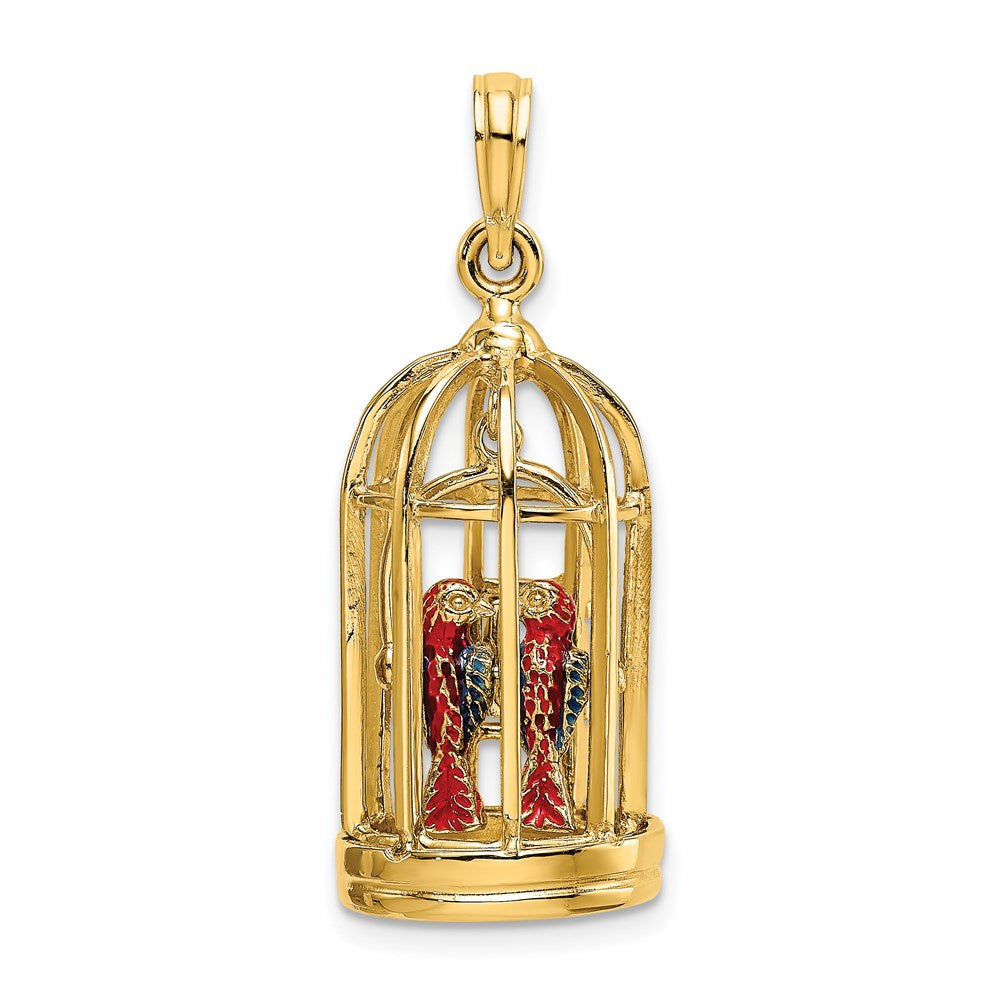 14K Gelbgold-Charm mit Emaille, 3-D-Vogelkäfig mit 2 Vögeln und geöffneten Türen