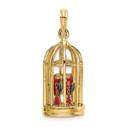 14K Gelbgold-Charm mit Emaille, 3-D-Vogelkäfig mit 2 Vögeln und geöffneten Türen