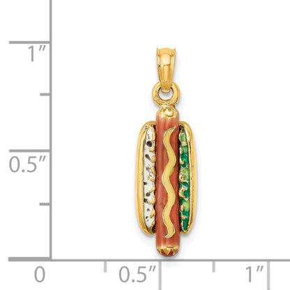 14K Gelbgold 3-d Emaille Hot Hund mit Bun Charm