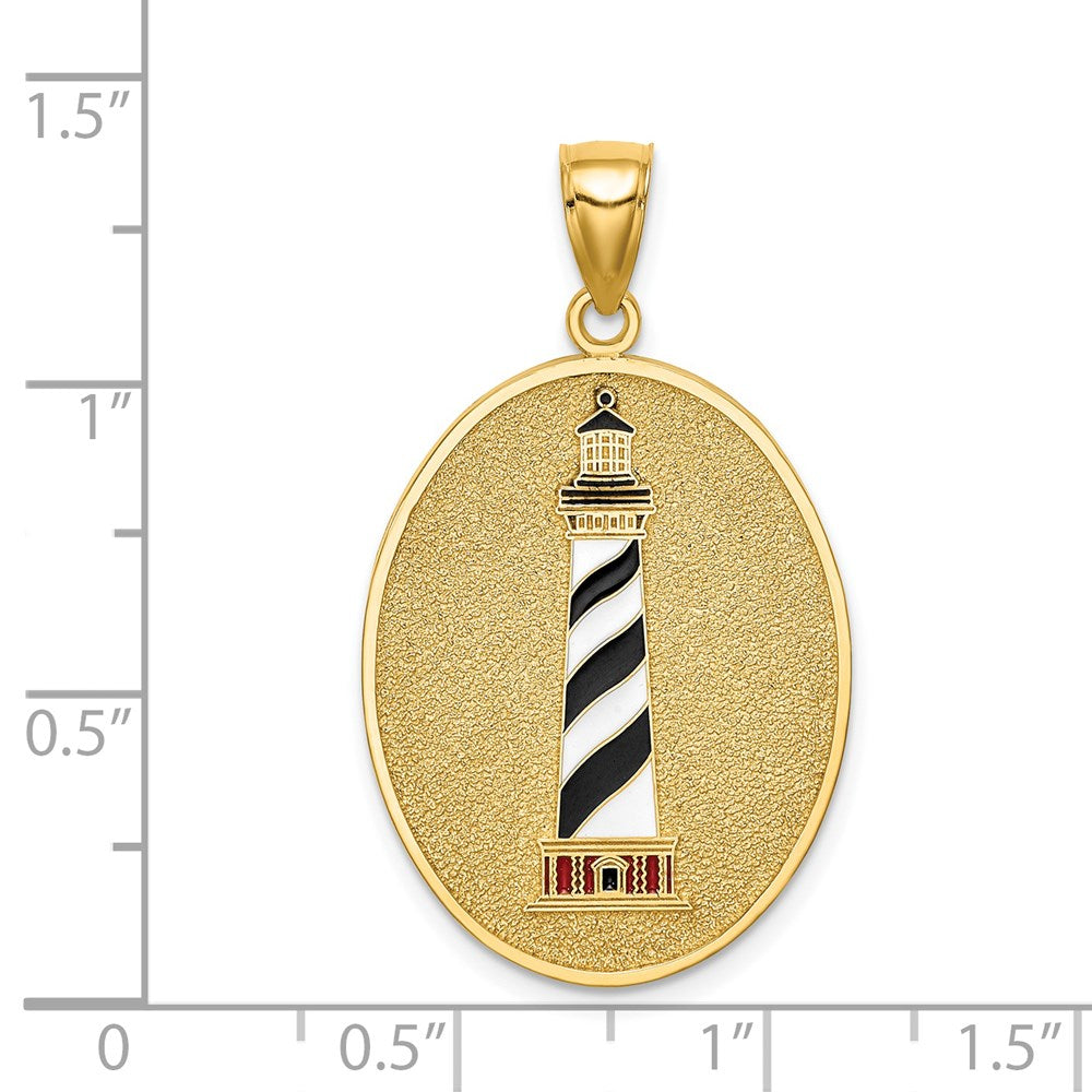 14K Gelbgold Emaille-Leuchtturm-Anhänger mit "Johannes 8:12" auf der Rückseite