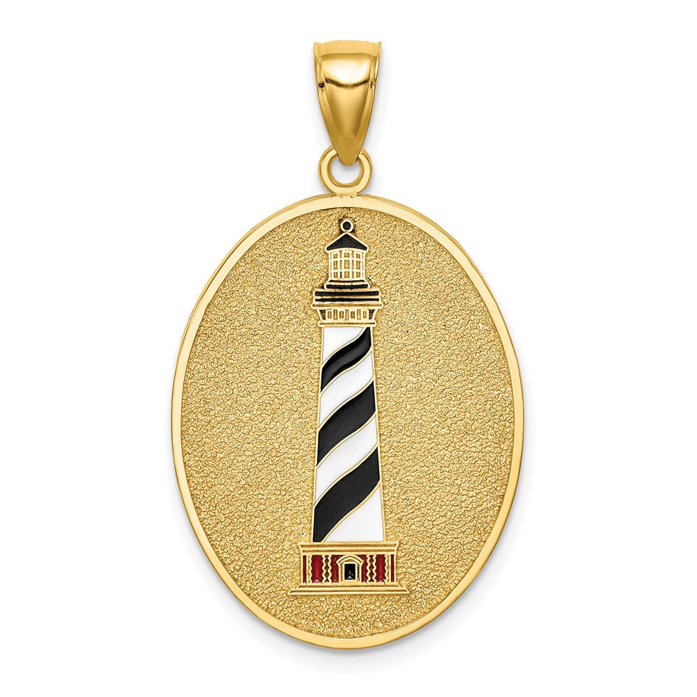 14K Gelbgold Emaille-Leuchtturm-Anhänger mit "Johannes 8:12" auf der Rückseite