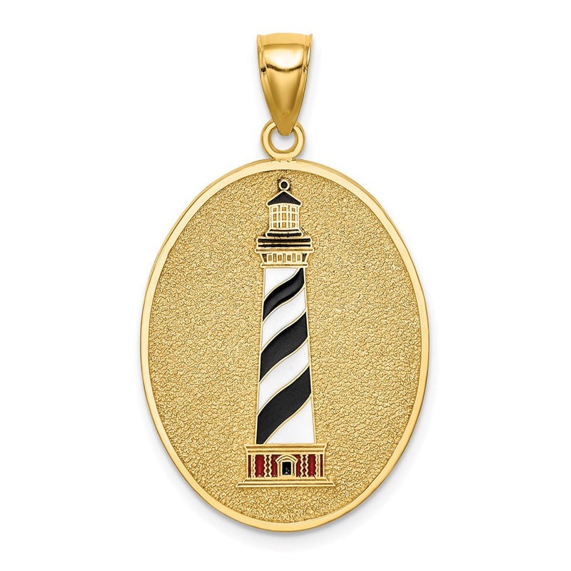 14K Gelbgold Emaille-Leuchtturm-Anhänger mit "Johannes 8:12" auf der Rückseite