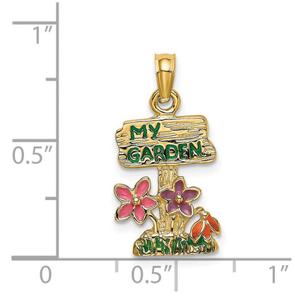 14K Gelbgold Mehrfarbig-Emaille "MY GARDEN" Blumen-Charm mit Steckverschluss