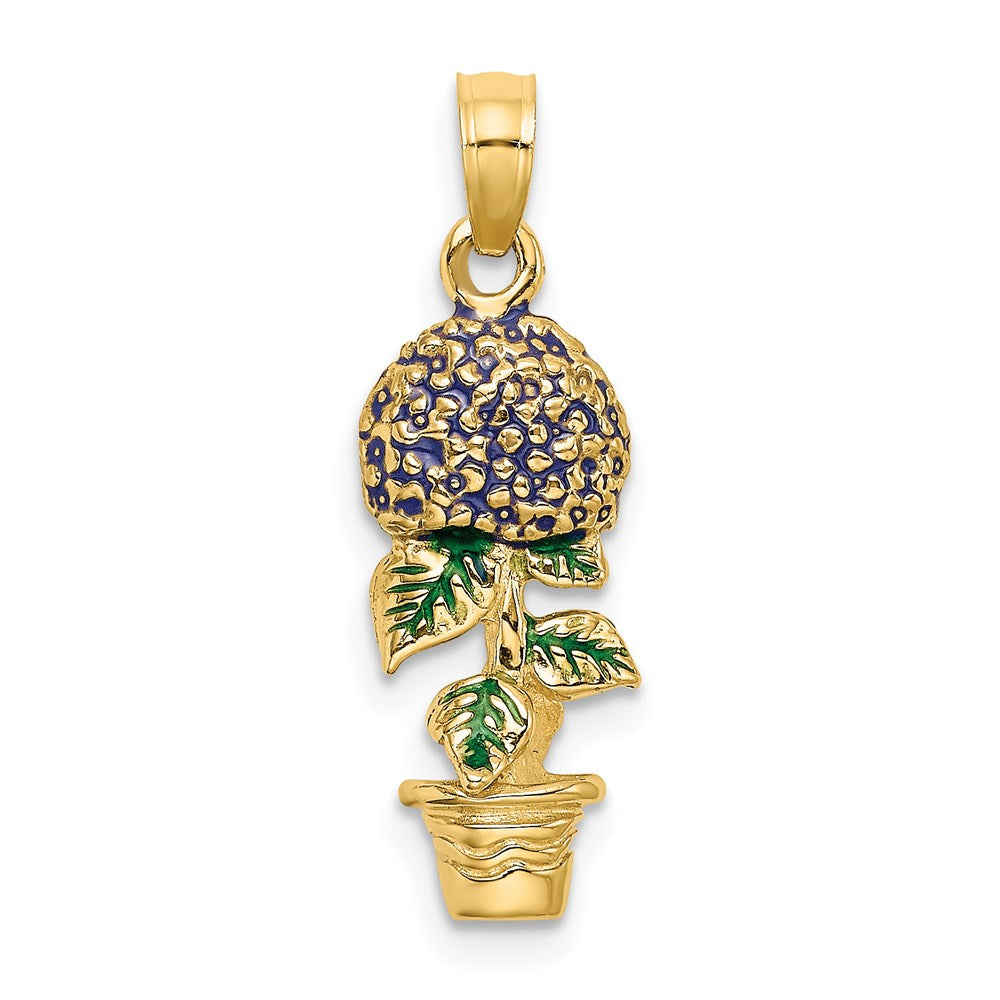 14K Gelbgold Charm „3-D Emaillierte Hortensienblüten im Topf" in Lavendel