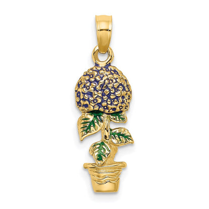 14K Gelbgold Charm „3-D Emaillierte Hortensienblüten im Topf" in Lavendel