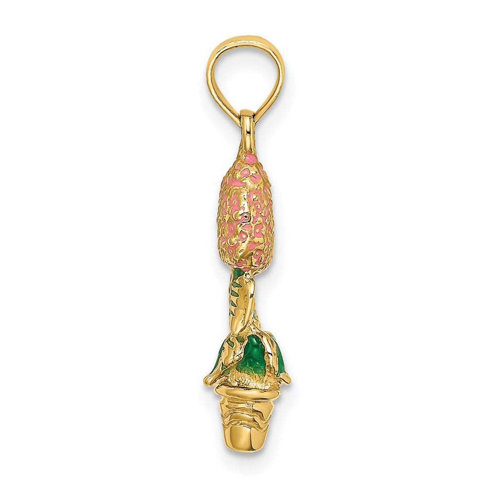 14 Karat Gelbgold 3-D-emaillierter Rosa Hortensienblüten-im-Topf-Charm
