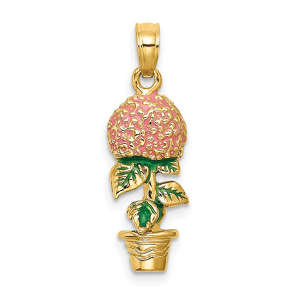 14 Karat Gelbgold 3-D-emaillierter Rosa Hortensienblüten-im-Topf-Charm